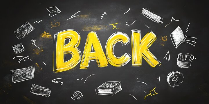 Back to School text effect vector file with easily recognizable letters and icons, in a yellow color on a black background, with school elements around the writing, in a hand-drawn style