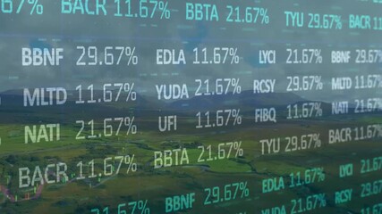 Poster - Aerial shot rising above fields, financial tickers scrolling percentages visualizing market trends