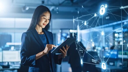 Asian businesswoman using tablet with data network, cyber security concept video