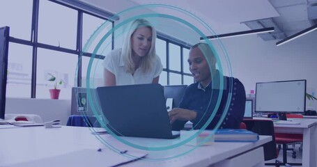 Poster - Circles pulsing over Cyber Security overlay, woman pointing laptop and man typing software demo