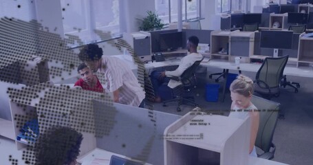Poster - Globe fading and revealing business office, shirted man leaning and assisting coworker