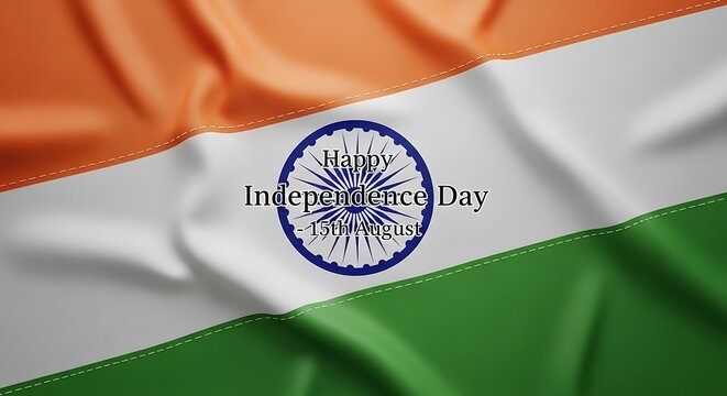 A realistic 3D render of the Indian flag waving, with 'Happy Independence Day' text for a patriotic national celebration