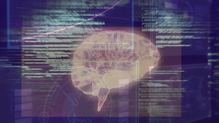 Poster - Panel appearing initiating brain hologram materializing, graph rising and code flowing showing data