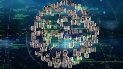 Poster - Profile tiles drifting, filling globe grid as green code streams scrolling showing digital network