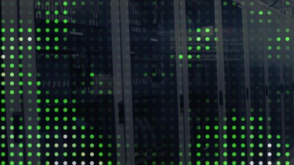 Poster - On start perforated panel with LED grid showing white-green pulsing lights indicating server status