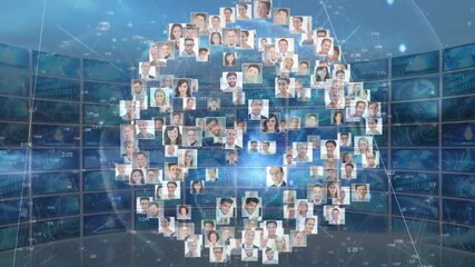 Poster - Headshot images converging into rotating sphere across panels showing virtual network connections