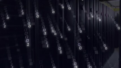 Poster - Glowing binary digit appearing sparking code stream falling over server racks visualizing data flow