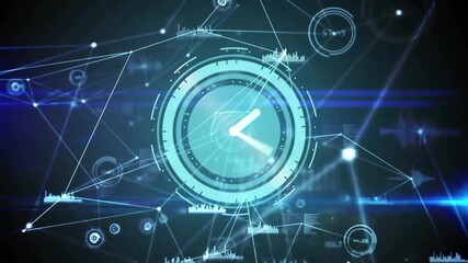 Poster - Glowing clock fading in and network lines linking nodes morphing into semicircle showing data flow