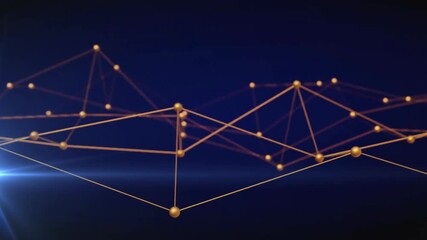 Poster - Bluish flare appearing at left edge activating gold nodes linking pulsing mesh showing data flow