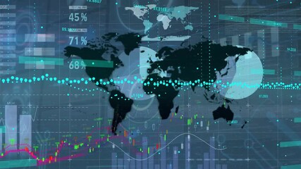 Poster - introducing map while animating turquoise dots magenta trend green candlesticks and pie overlays