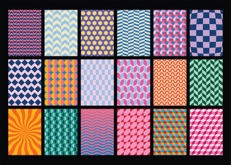 Wall Mural - Collection of colorful repeat patterns with diverse basic shapes and playful color palettes, perfect for 5x7 aspect ratio card, poster, cover, branding design. Vector illustration. 