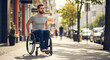 © SteffCunha - Man in wheelchair on city sidewalk with trees and buildings in the background on a sunny day outside