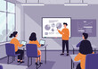 © Briliana - A classroom scene depicting a teacher presenting data visualizations to students using a whiteboard.
