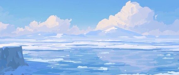 Wall Mural - Anamorphic video serene snowcapped mountains and a tranquil lake reflecting the sky. Winter landscape