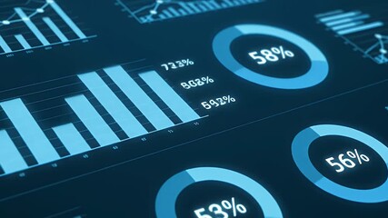 Modern digital data visualization display showing business intelligence financial market analysis growth reports statistics and performance on an abstract techn