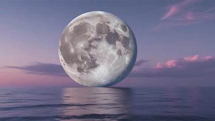 Wall Mural - A large, detailed full moon reflecting on calm ocean water with pastel-colored clouds.