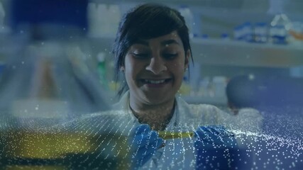 Poster - female scientist on voice cue drawing sample for lab test with pipette, point-cloud animating
