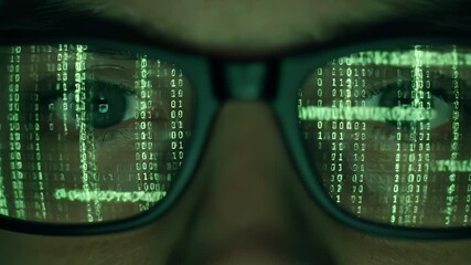 Person eyes glasses reflecting green binary code stream digital data security tech hacker internet programming matrix AI cyberspace information