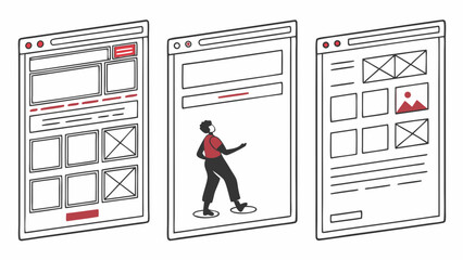 Three website mockups with different layouts and a person standing in the middle mockup design