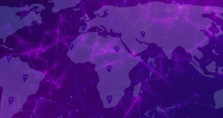 Poster - On load purple nodes drifting map emerging, pins dropping, lines pulsing visualizing global network