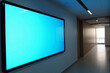 © Alex & M Studio - Long horizontal blank blue screen mounted on a wall in a modern corporate hallway provides a futuristic digital billboard mockup for advertising or information display