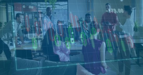 Poster - Business team gathering, viewing translucent financial charts materializing while analyzing metrics