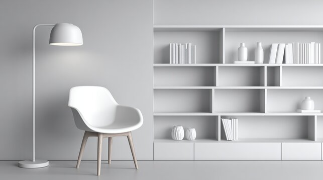 Minimalist interior scene white chair, floor lamp, and built-in shelving unit against a neutral wall, subtly lit