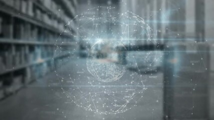 Poster - Second frame holographic network sphere materializing centrally, rotating, pulsing data flow