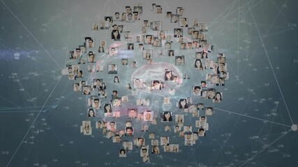Poster - Portrait tiles fading in aligning into brain on globe demonstrating tech network intelligence