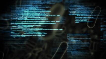 Poster - Cyan code cluster emerging from backdrop shifting glitching scrolling showing cyber-biotech fusion