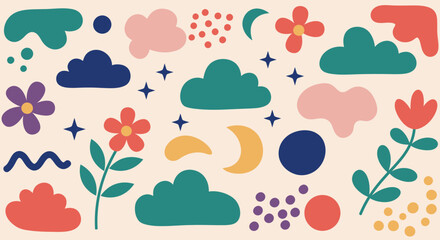 Poster - Colorful Nature Inspired Seamless Pattern with Clouds, Flowers, and Celestial Elements