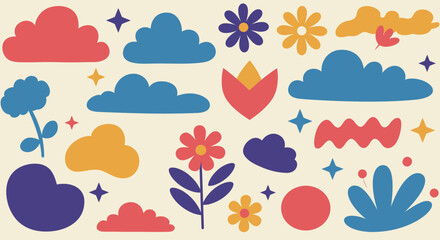 Poster - colorful hand-drawn elements pattern featuring clouds, flowers, stars and abstract shapes
