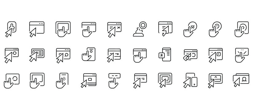 Vector art of a collection of thin line icons illustrating website interactions touch gestures and cursor movements on digital devices
