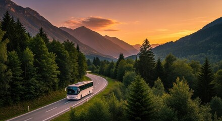 scenic bus journey through mountain valley at sunset