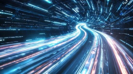Poster - Futuristic Digital Tunnel with Blurred Lights and Data Flowing Effect