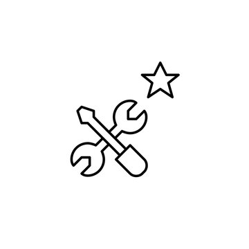 Tools, wrench and screwdriver and star. Trusted professional service, certified repairs. Pixel perfect, editable stroke vector icon