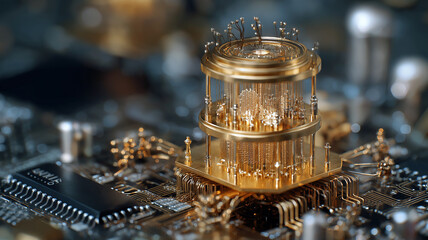 Poster - Futuristic quantum computer chip with intricate gold circuits and components, symbolizing advanced technology and innovation in computing. design is complex and visually striking