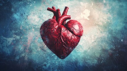 A red heart-shaped object against a textured blue and white background.