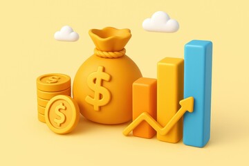 Poster - Financial Growth in the 3D: A conceptual 3D illustration of a money bag, stacks of coins, and a growth chart, depicting concepts of wealth accumulation and financial progress.