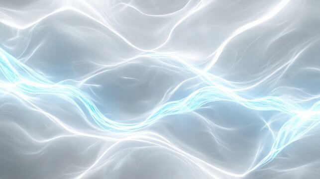 A minimalist abstract design featuring smooth, curved lines in shades of white and gray, accented with glowing neon blue for a modern touch