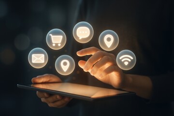 Fototapete - Digital interface: person interacting with virtual icons on a tablet in a low-light environment, showcasing the power of technology and its integration into daily life.