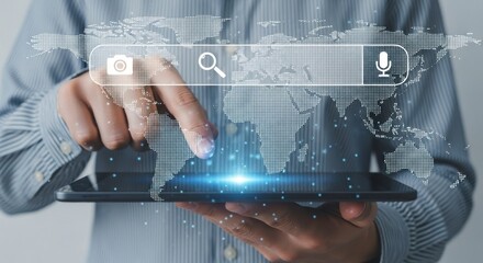 Poster - Person using tablet with search bar and world map overlay for global internet connectivity