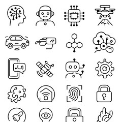 Poster - A collection of illustrated icons that represent technology, a futuristic landscape, showcasing a vision of progress and innovation.