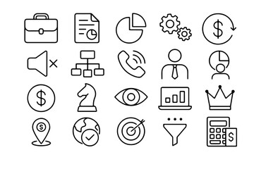 Poster - A collection of diverse business icons in a minimalist black and white outline design, perfect for illustrating various aspects of commerce.