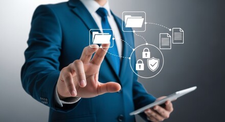 Poster - A man in a suit interacting with digital folders and security icons on a virtual interface display