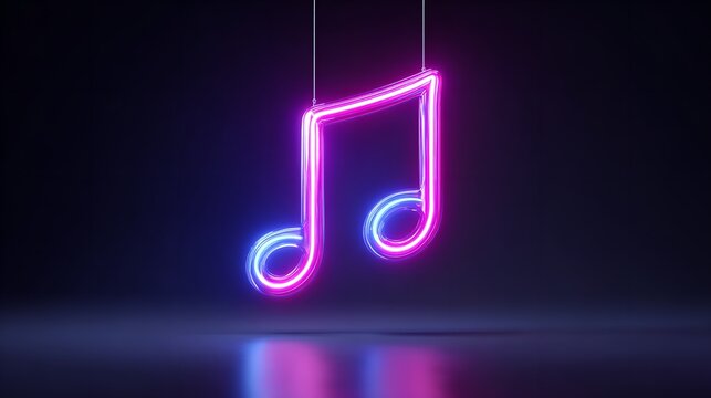 A neon glowing music note in vibrant purple and teal colors, set against a dark background in a vertical format. Perfect for music-themed designs, event