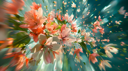 Poster - Abstract floral burst with pastel colors and dynamic motion effect in a dreamlike scene