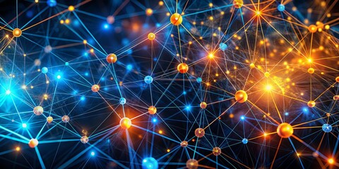 Poster - Abstract network of glowing nodes and connections in blue and orange floating in space, 32k Details Resolution