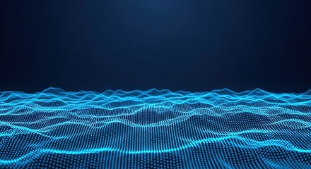 Fototapete - Abstract digital landscape of glowing blue waves and particles on a dark background