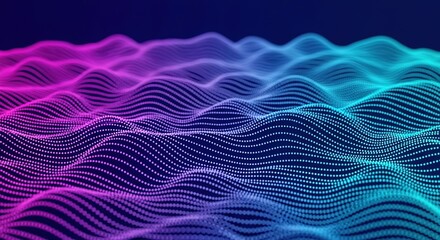 Poster - Vibrant abstract digital landscape of wavy lines and dots in purple and teal hues